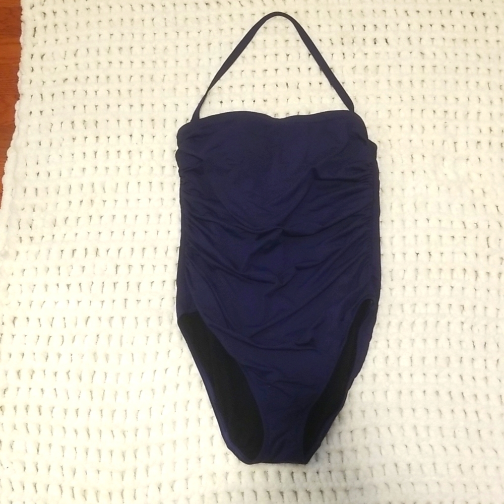 Navy blue swimsuit one piece halter or strapless rouching sz M